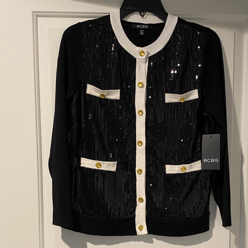 NWT Designer Black Sequin buttoned Swearer with White Accents